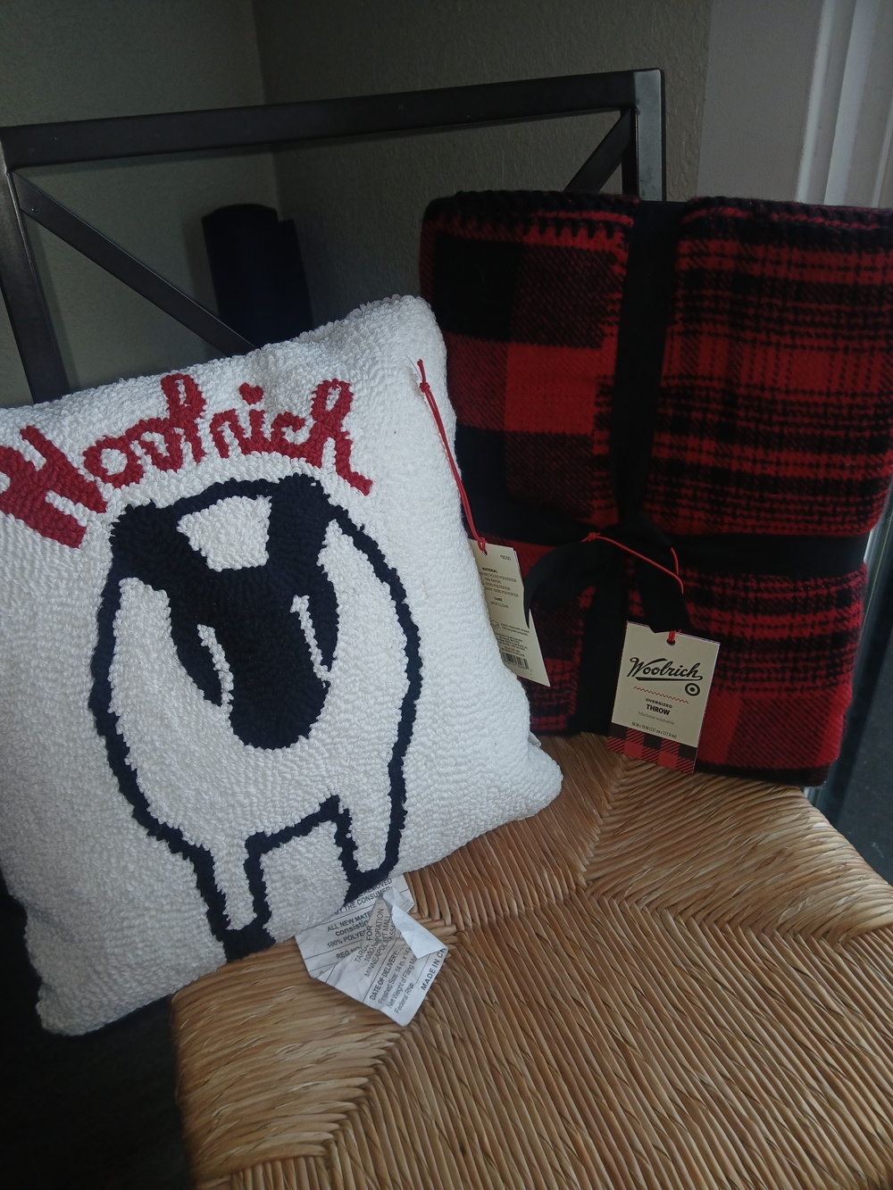 Woolrich Red Buffalo Plaid Throw and White Logo Accent Pillow